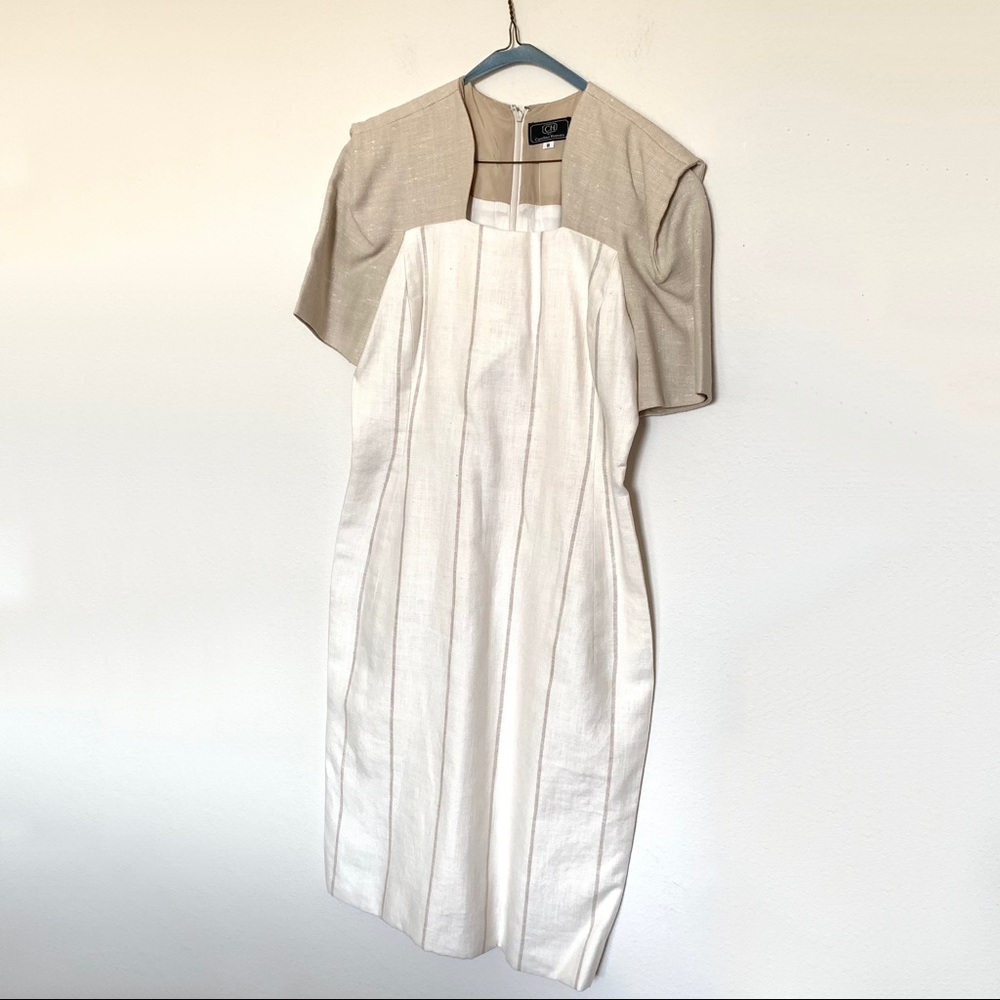 Carolina Herrera White Tan Linen Feel Dress